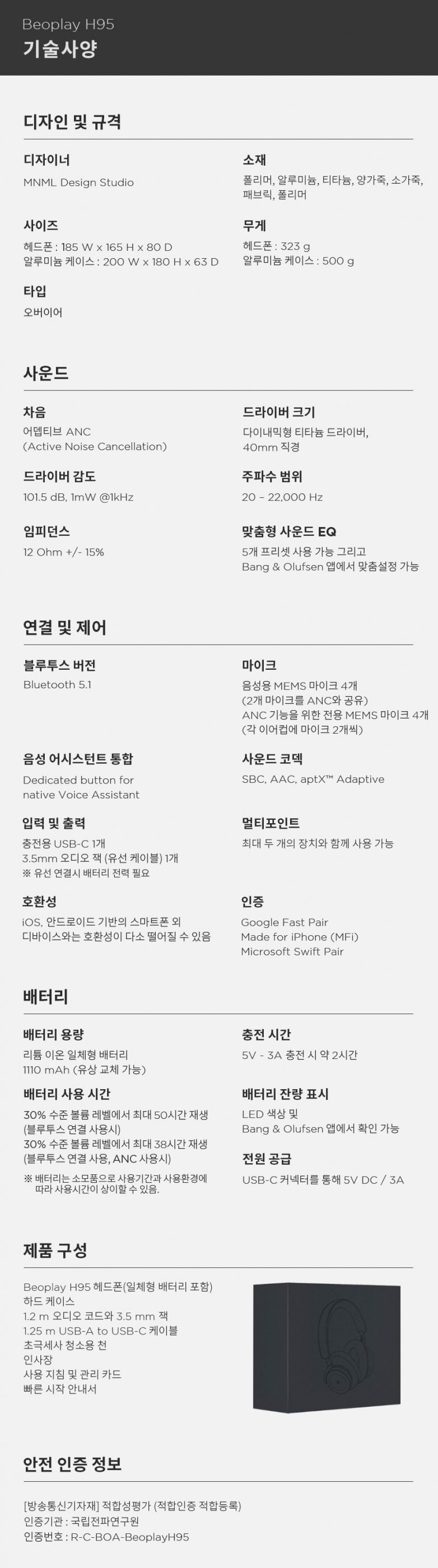 공식 수입 베오플레이 H95 (Beoplay H95) Navy 95주년 기념 블루투스 무선 헤드폰